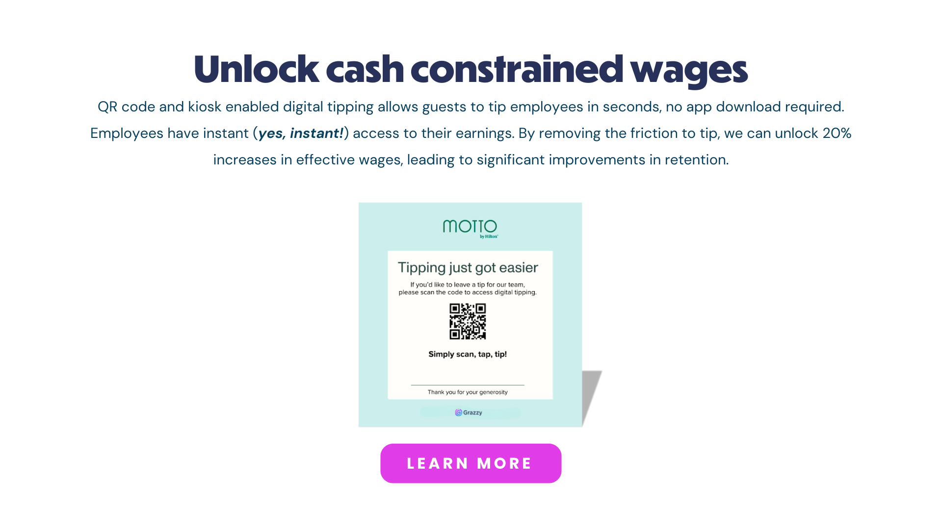 QR code and kiosk enabled digital tipping allows guests to tip employees in seconds, no app download required. Employees have instant (yes, instant!) access to their earnings. By removing the friction to tip, we can unlock 20% increases in effective wages